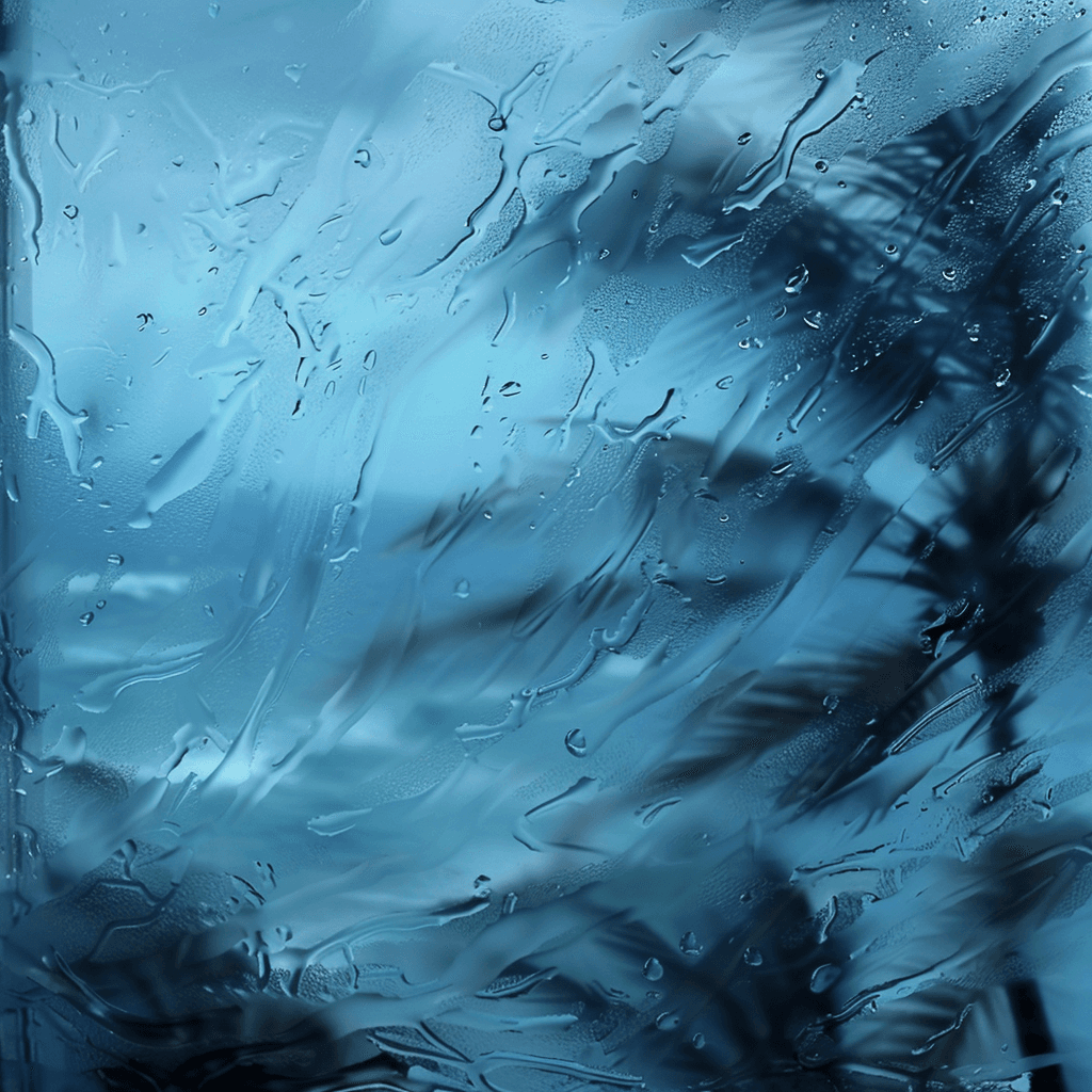 Hurricane winds and rain through a window
