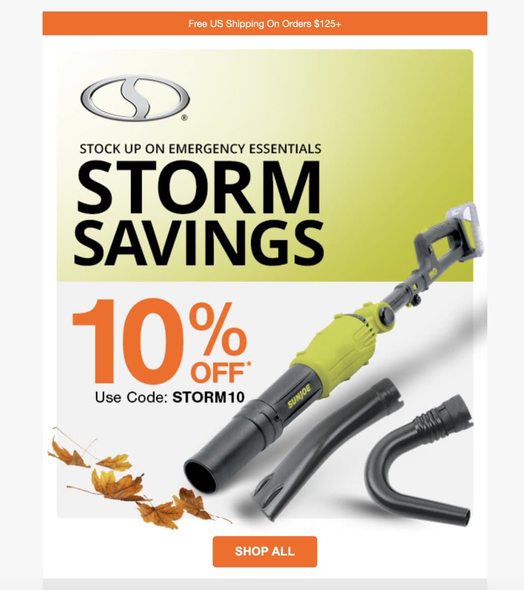 Sun Joe Storm Savings marketing email promoting 10% off power tools with code STORM10